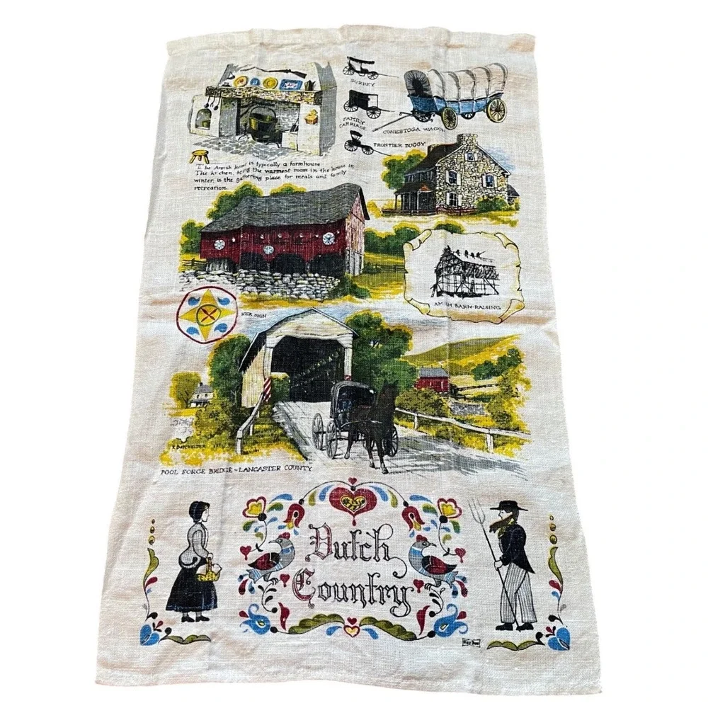 Vintage Dutch country Amish‎ Lancaster county Tea Dish Towel Calendar farm